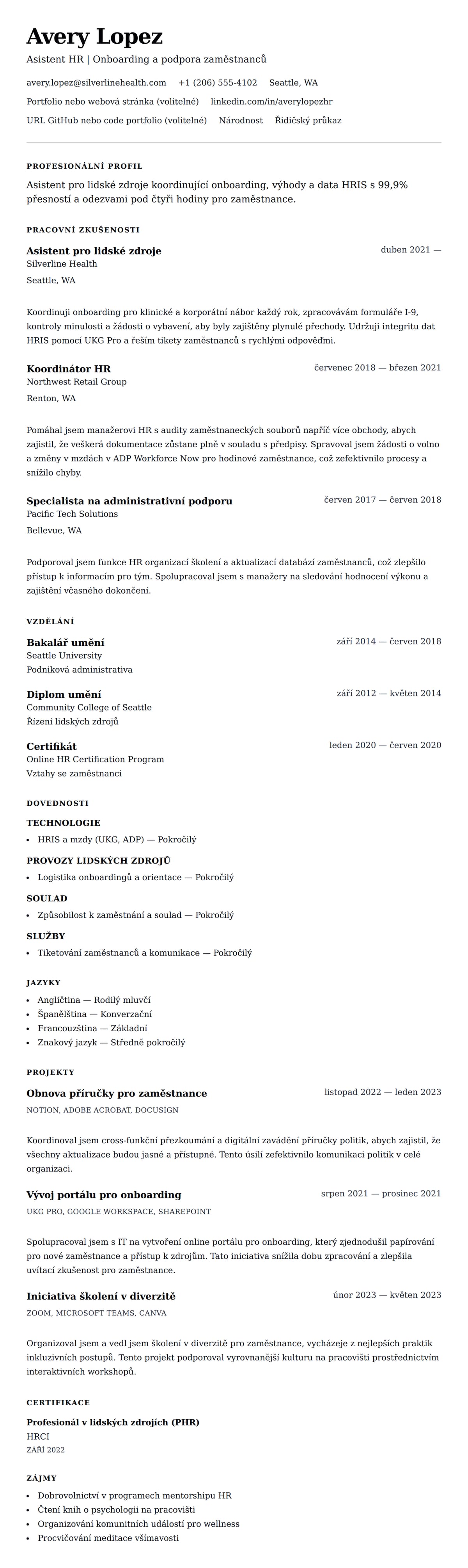 Náhled životopisu pro Příklad životopisu pro asistenta pro lidské zdroje