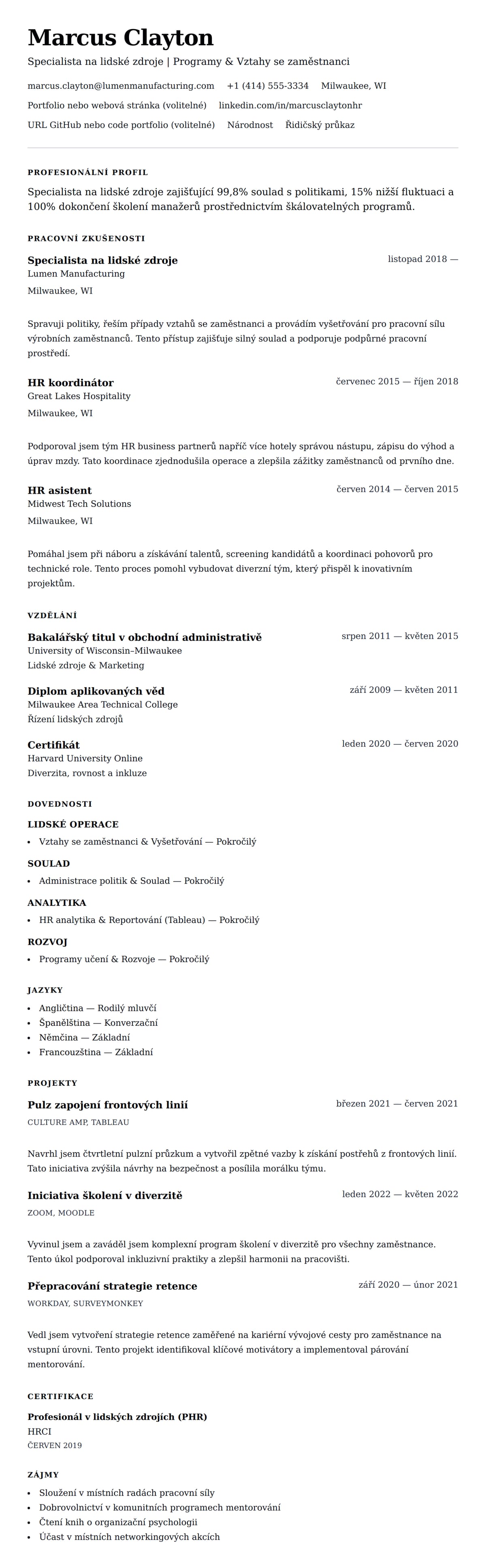 Náhled životopisu pro Příklad životopisu specialisty na lidské zdroje