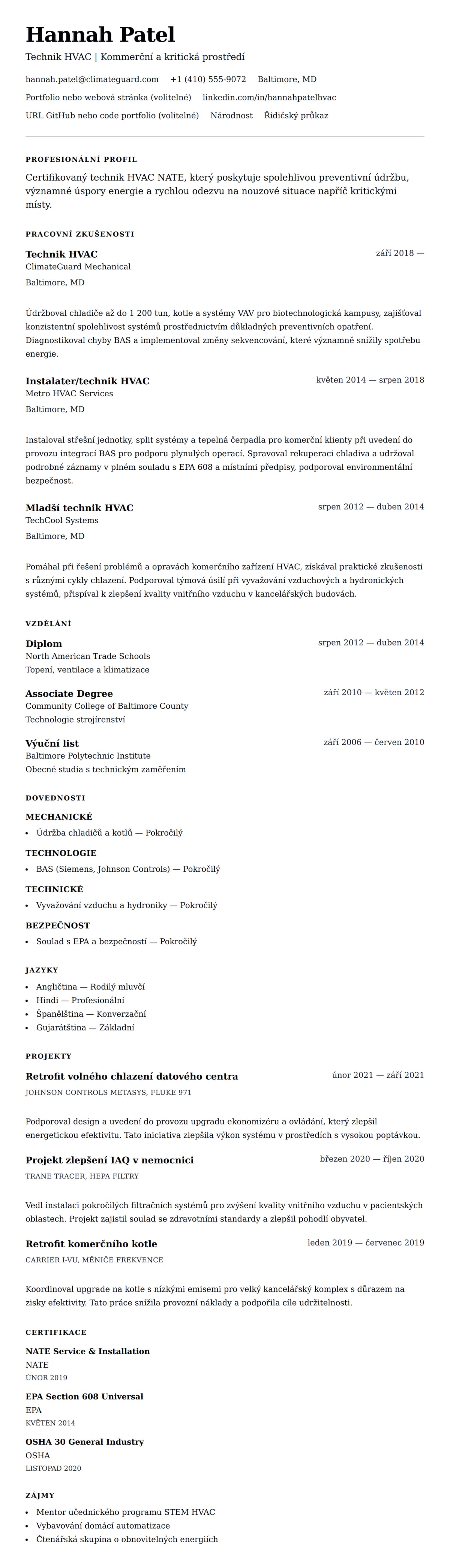 Náhled životopisu pro Příklad životopisu technika HVAC