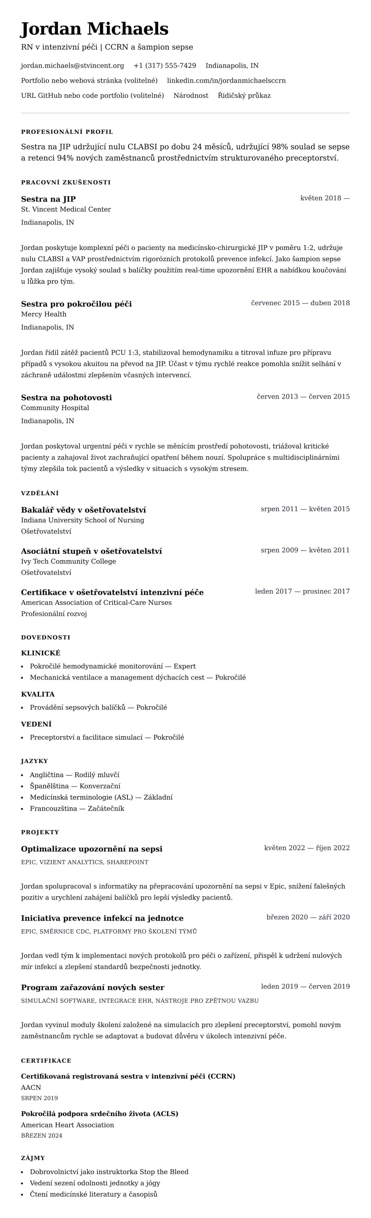 Náhled životopisu pro Příklad životopisu sestry na JIP