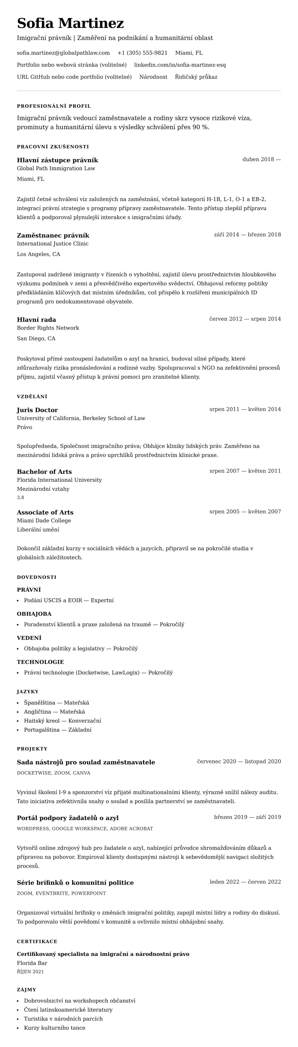 Náhled životopisu pro Příklad životopisu imigračního právníka