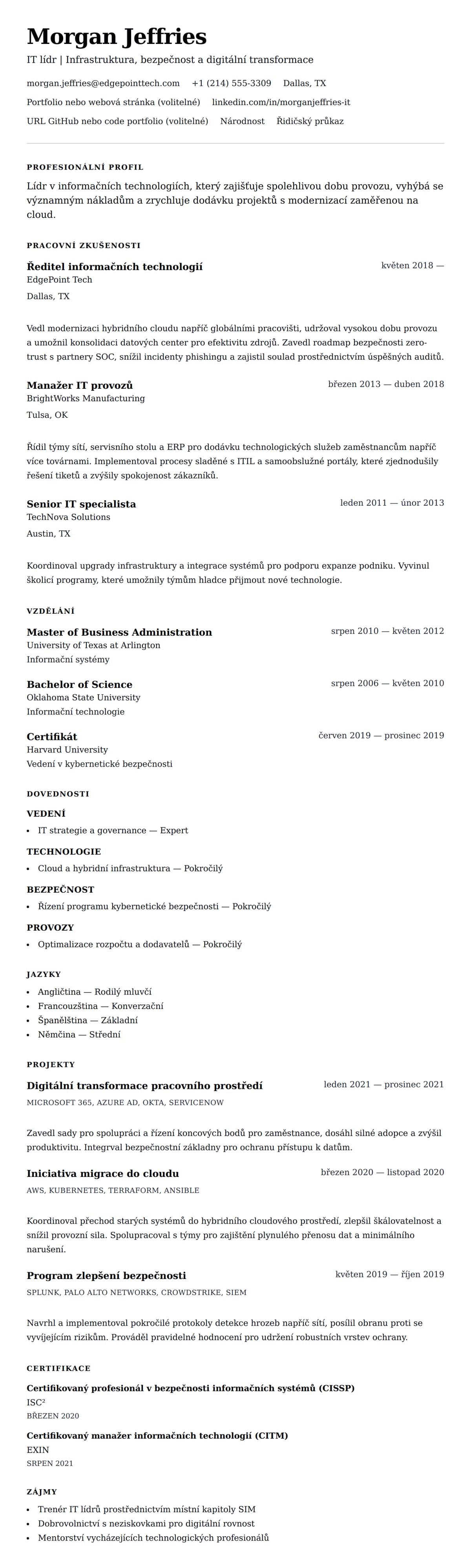 Náhled životopisu pro Příklad životopisu profesionála v informačních technologiích
