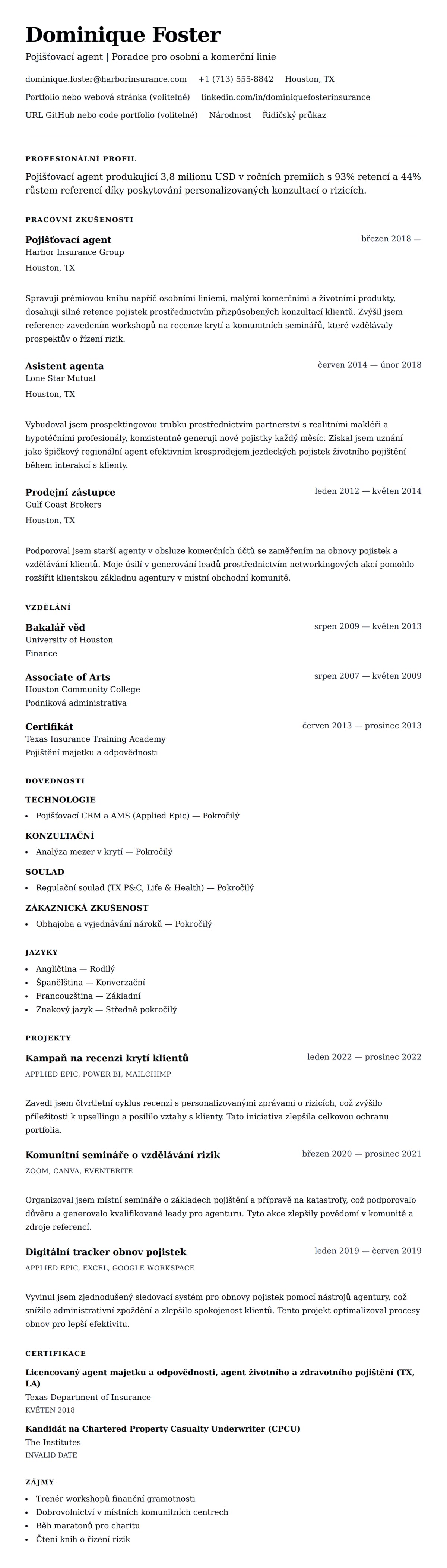 Náhled životopisu pro Příklad životopisu pojišťovacího agenta