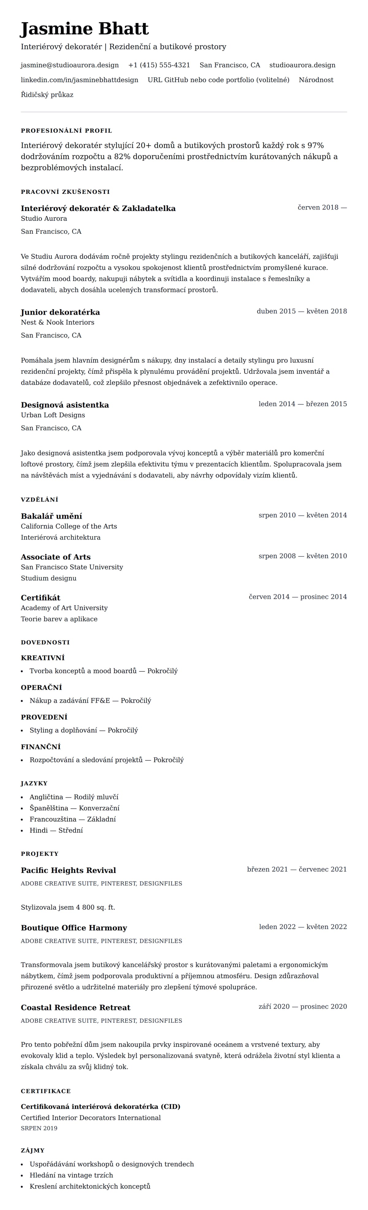 Náhled životopisu pro Příklad životopisu interiérového dekoratéra