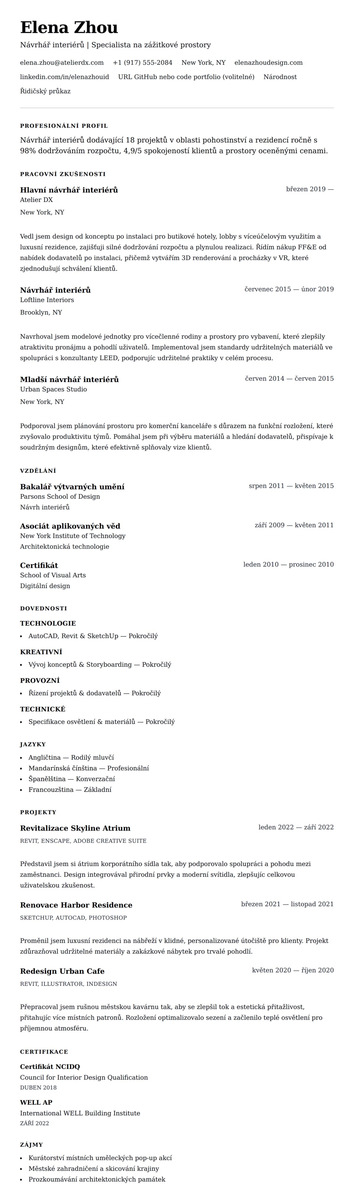 Náhled životopisu pro Příklad životopisu návrháře interiérů