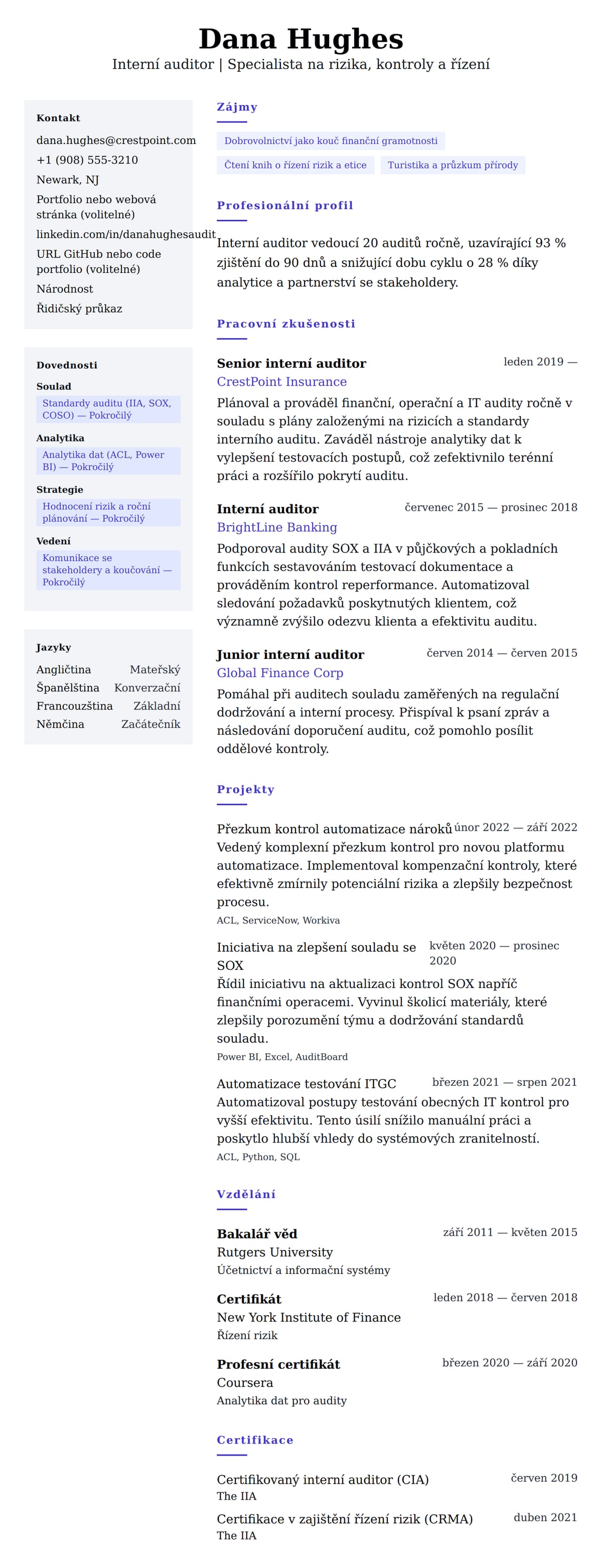 Náhled životopisu pro Příklad životopisu interního auditora