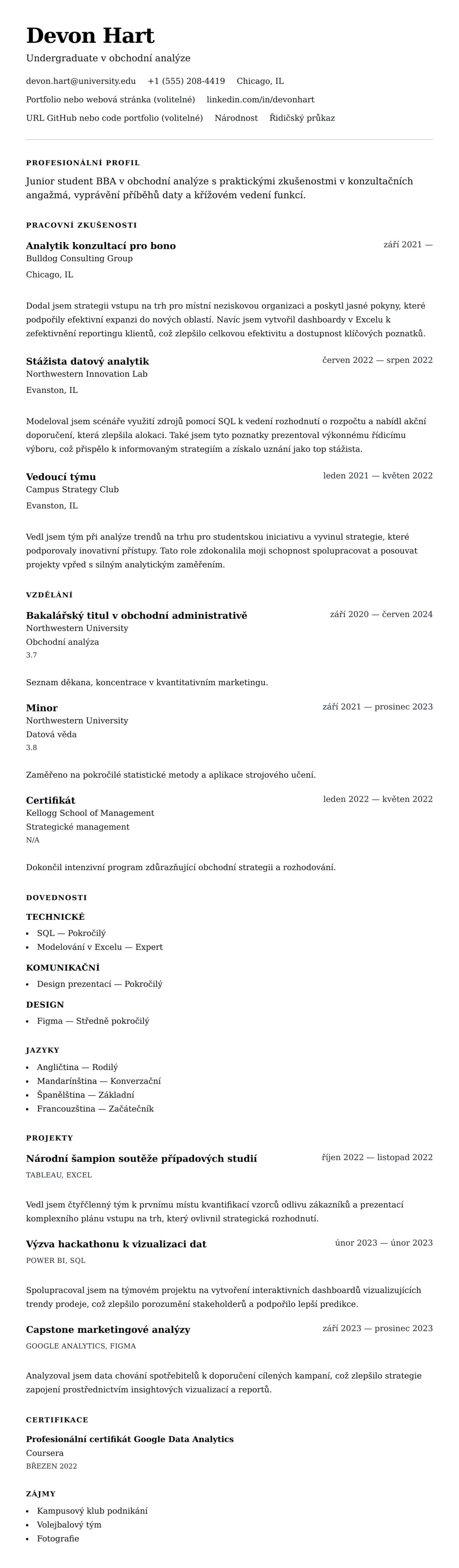 Náhled životopisu pro Příklad životopisu pro stáž