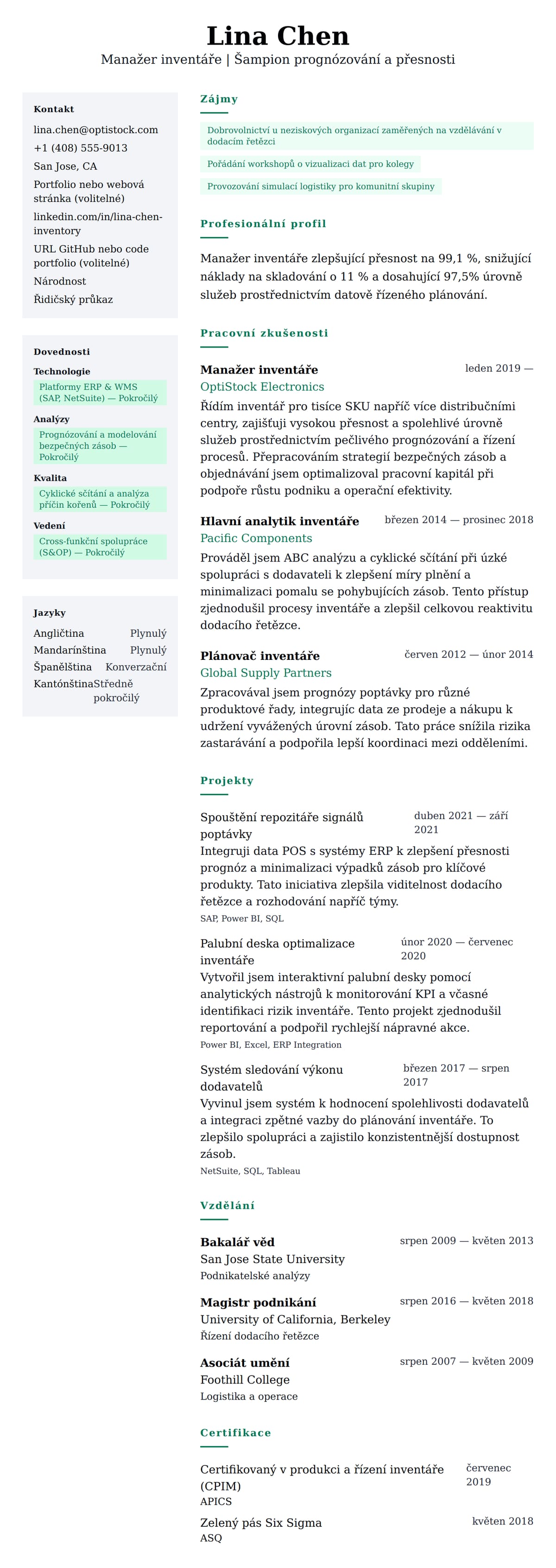 Náhled životopisu pro Příklad životopisu Manažera inventáře
