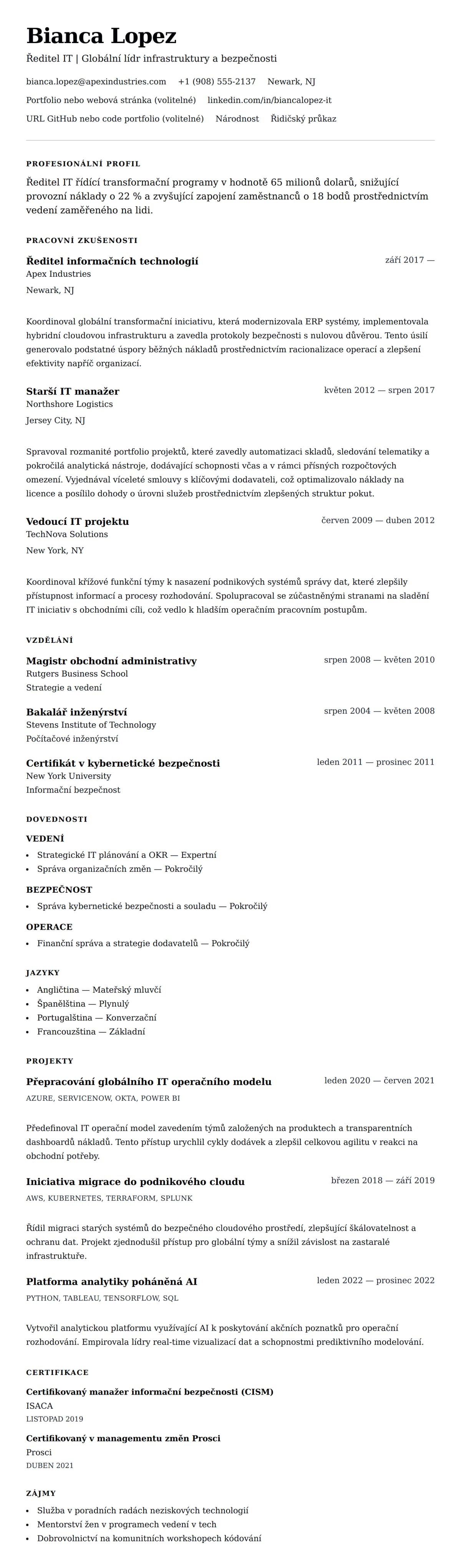 Náhled životopisu pro Příklad životopisu Ředitele IT