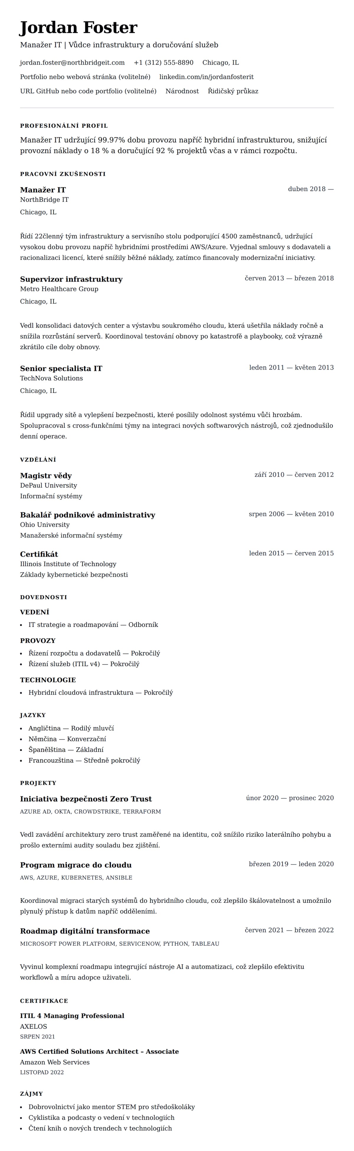 Náhled životopisu pro Příklad životopisu manažera IT