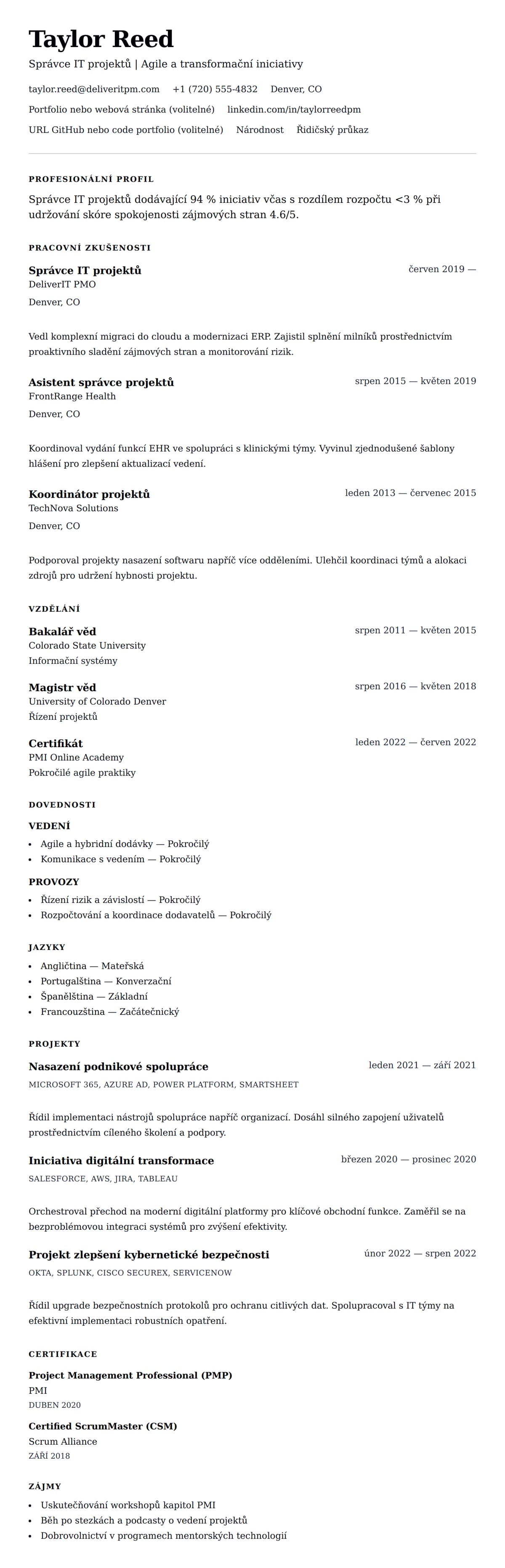 Náhled životopisu pro Příklad životopisu správce IT projektů