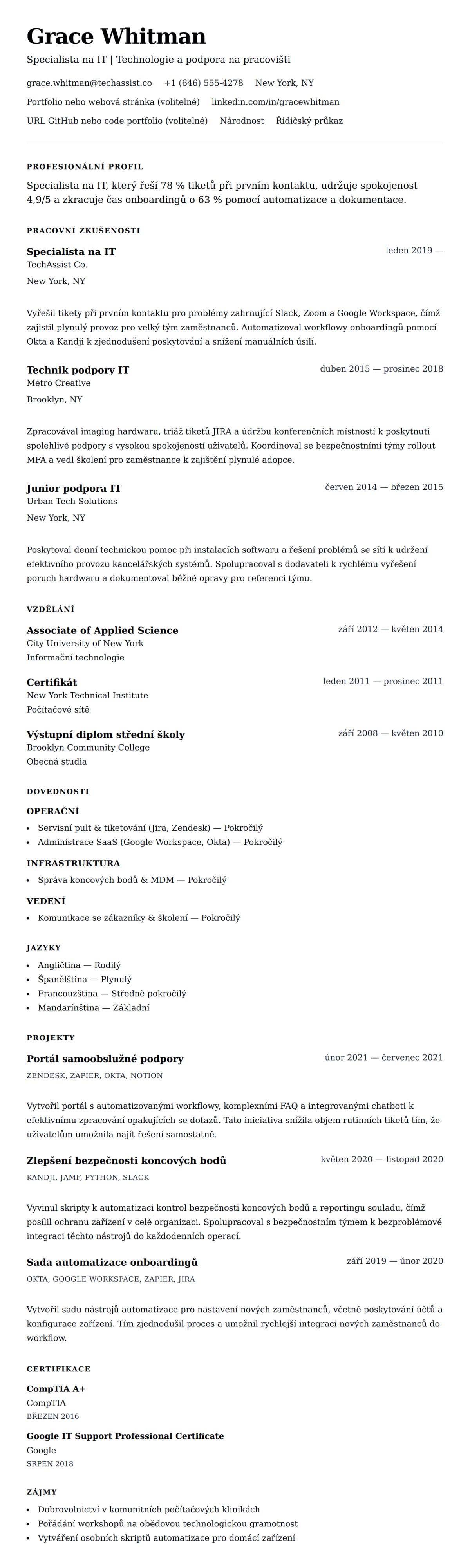 Náhled životopisu pro Příklad životopisu specialisty na IT