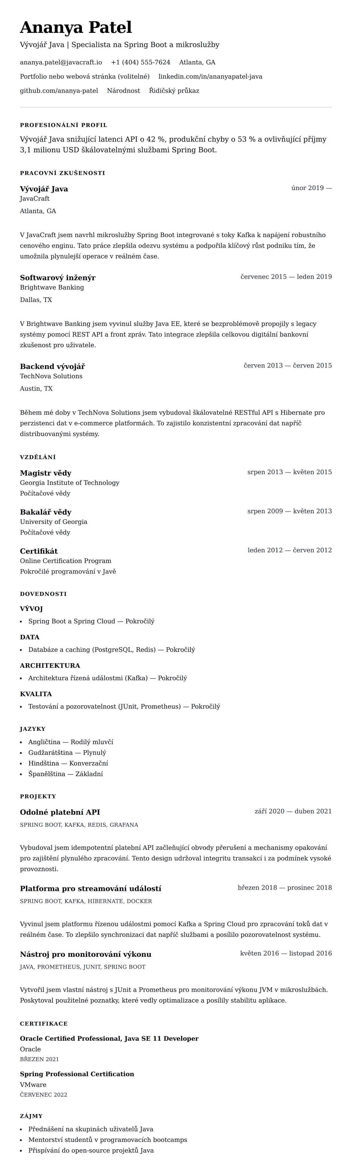 Náhled životopisu pro Příklad životopisu vývojáře Java