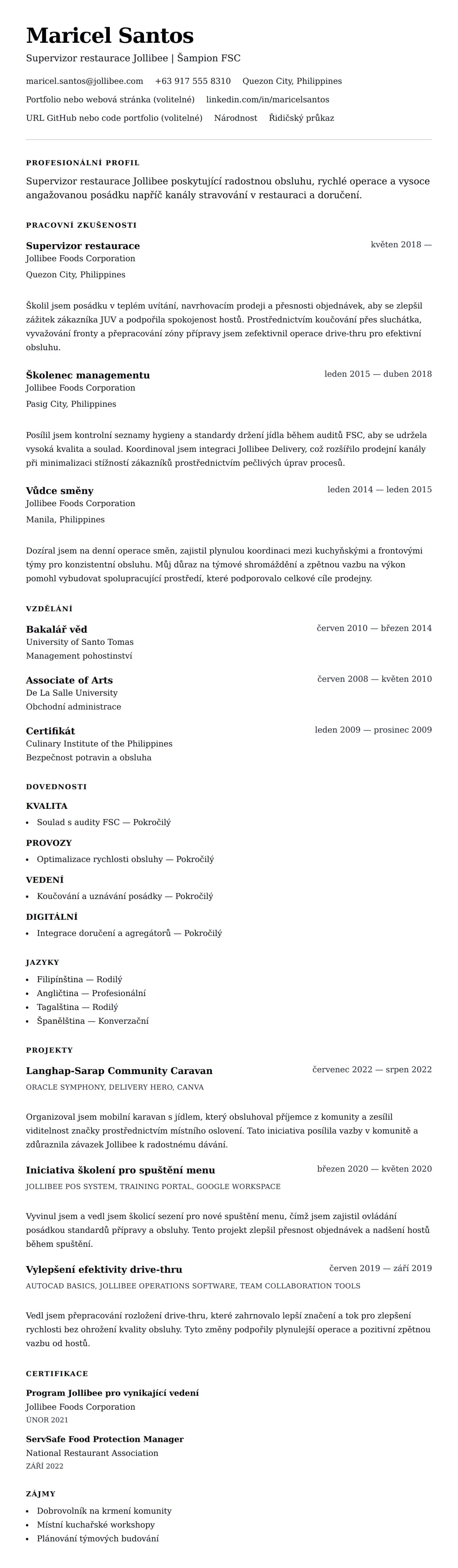 Náhled životopisu pro Příklad životopisu Supervizora restaurace Jollibee