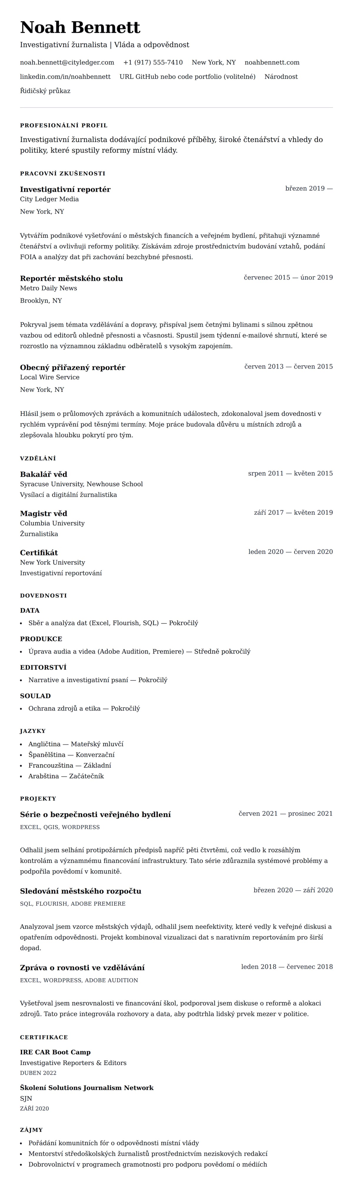 Náhled životopisu pro Příklad životopisu žurnalisty