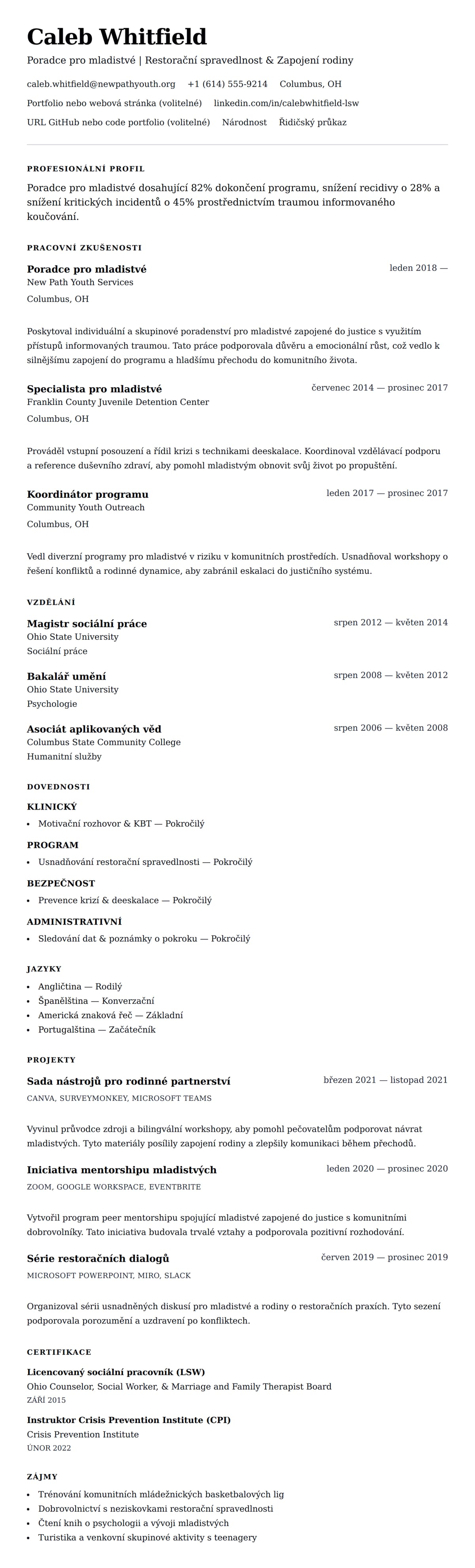 Náhled životopisu pro Příklad životopisu poradce pro mladistvé