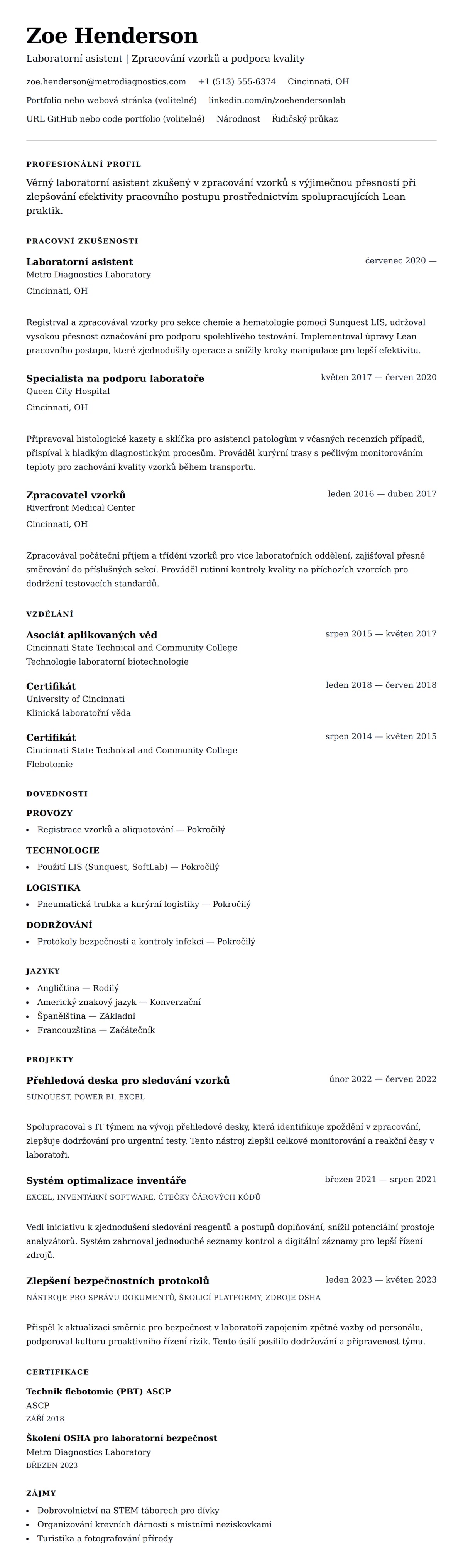 Náhled životopisu pro Příklad životopisu laboratorního asistenta