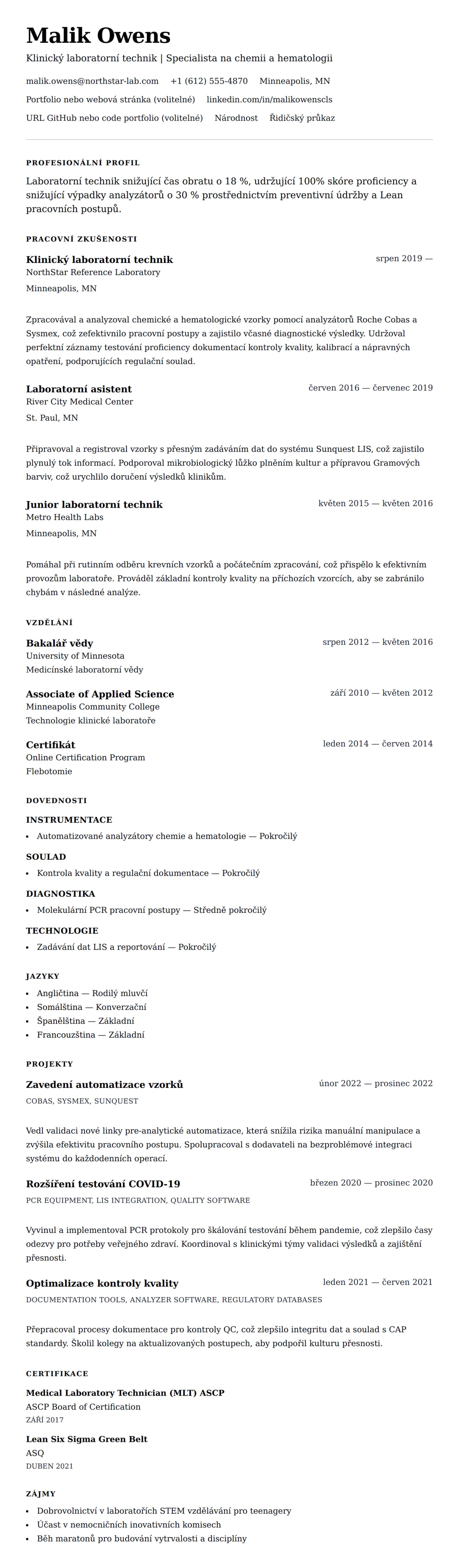 Náhled životopisu pro Příklad životopisu laboratorního technika