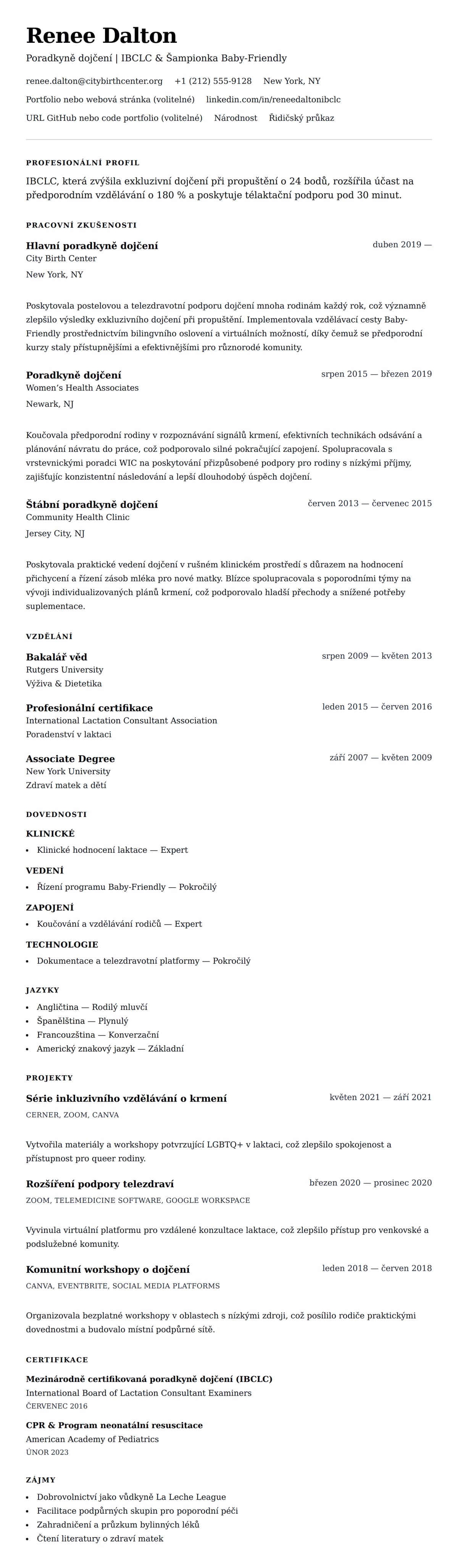 Náhled životopisu pro Příklad životopisu Poradkyně dojčení