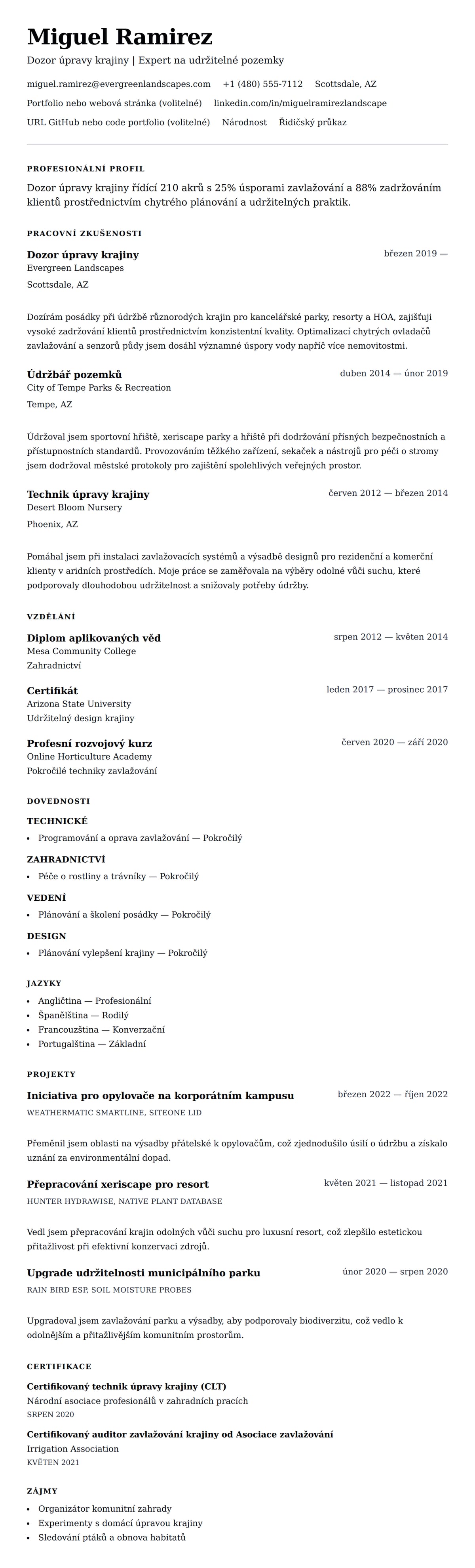 Náhled životopisu pro Příklad životopisu pro úpravu krajiny