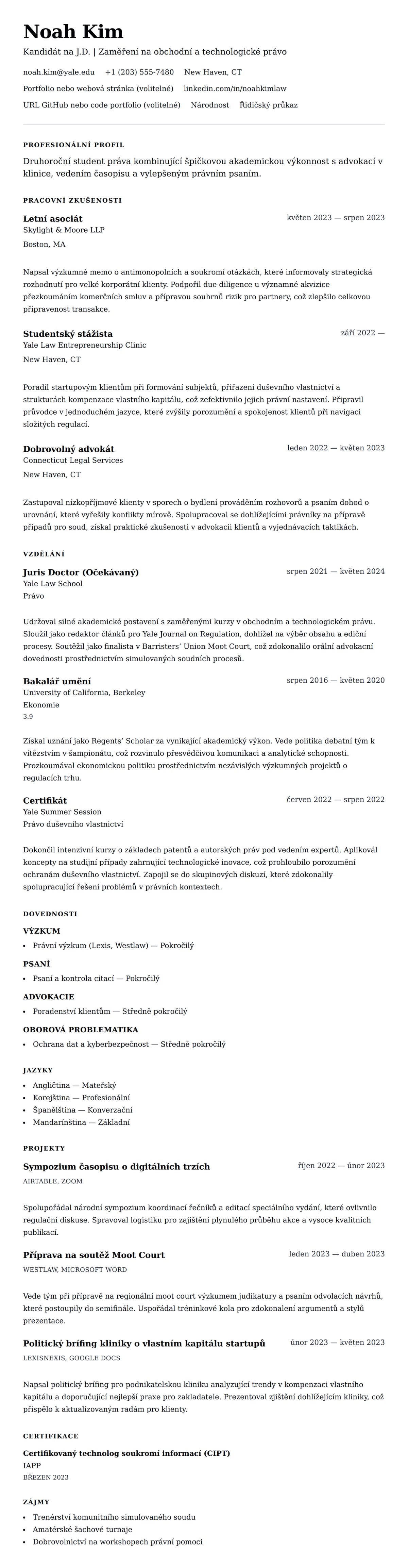 Náhled životopisu pro Příklad životopisu studenta právnické fakulty