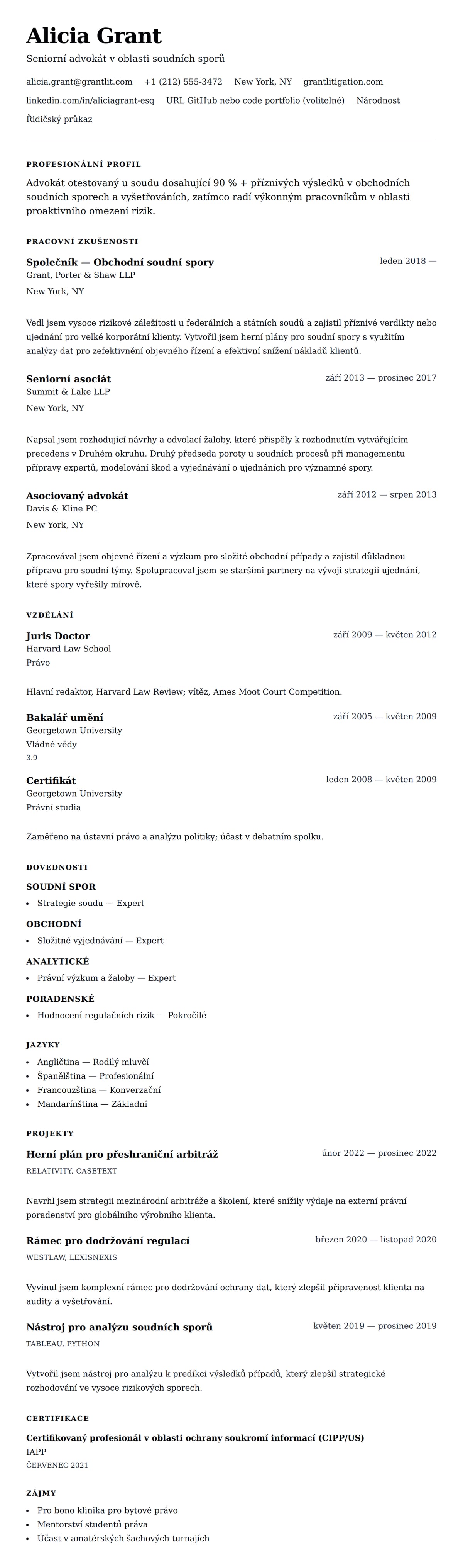 Náhled životopisu pro Příklad životopisu právníka