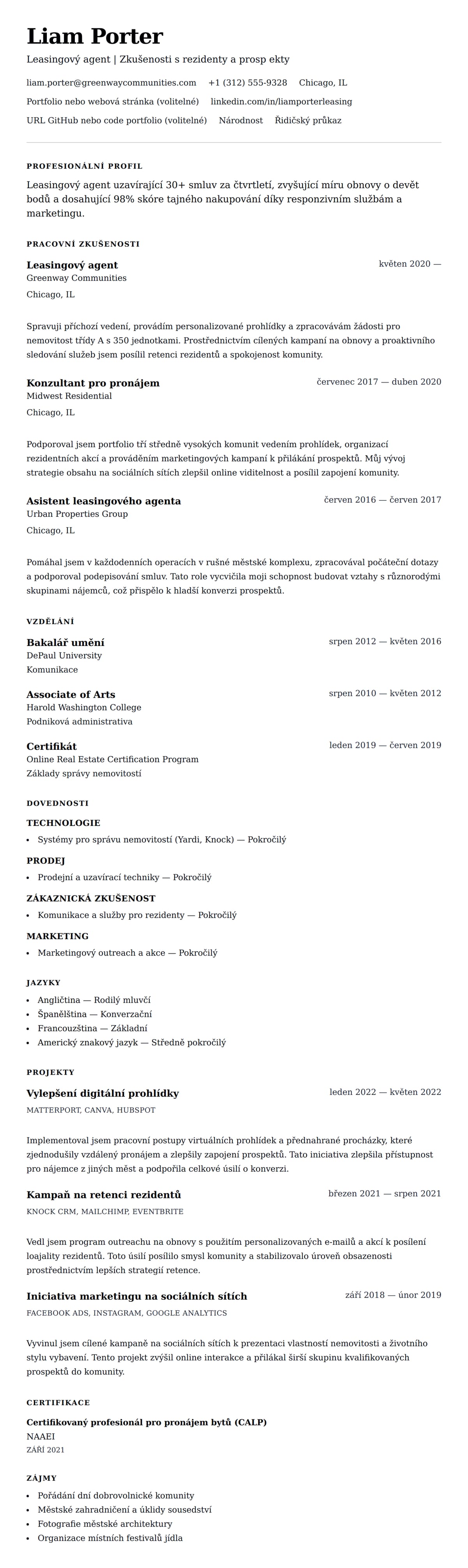 Náhled životopisu pro Příklad životopisu leasingového agenta