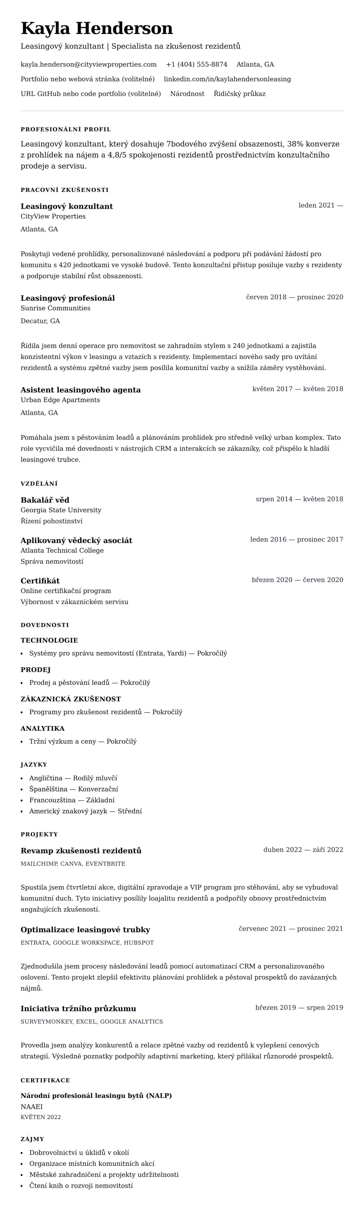 Náhled životopisu pro Příklad životopisu leasingového konzultanta