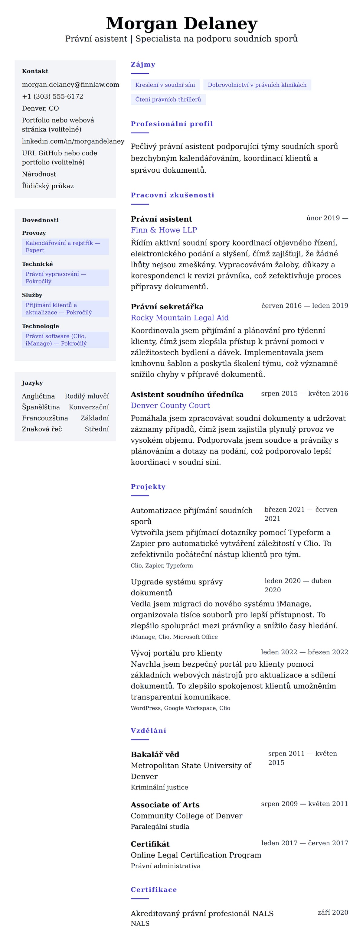 Náhled životopisu pro Příklad životopisu právního asistenta