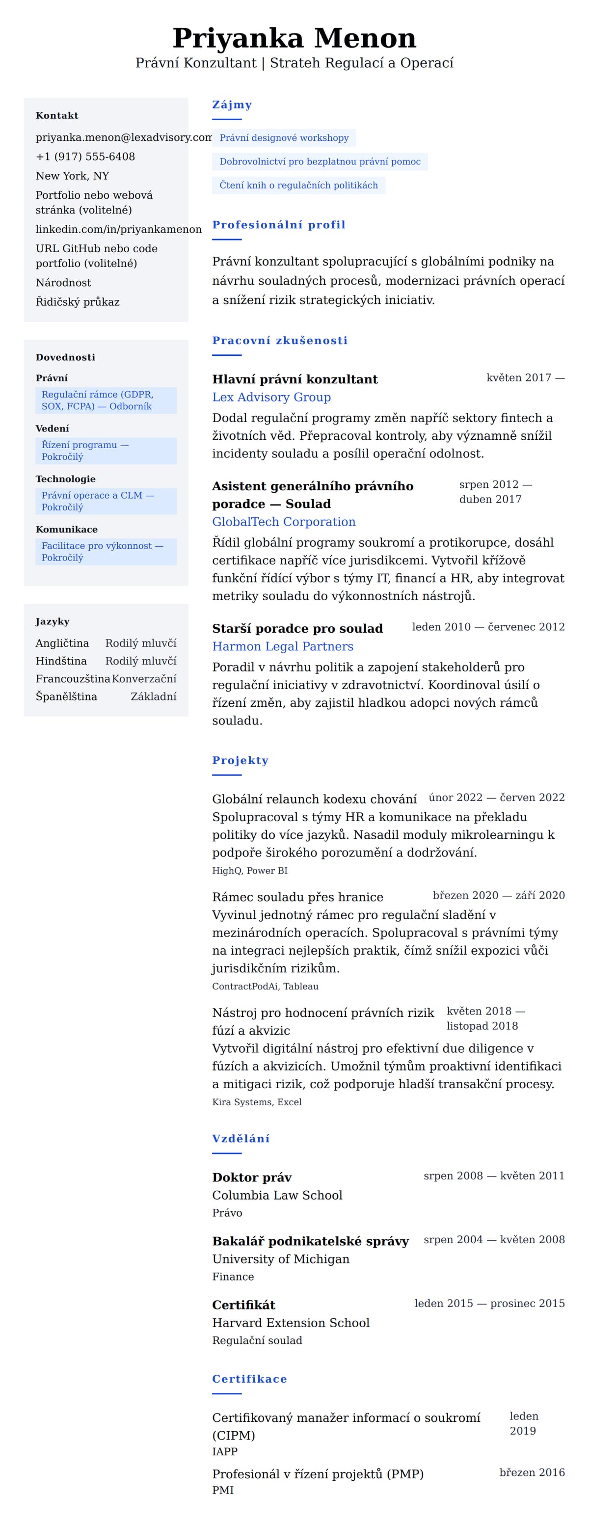 Náhled životopisu pro Příklad životopisu právního konzultanta