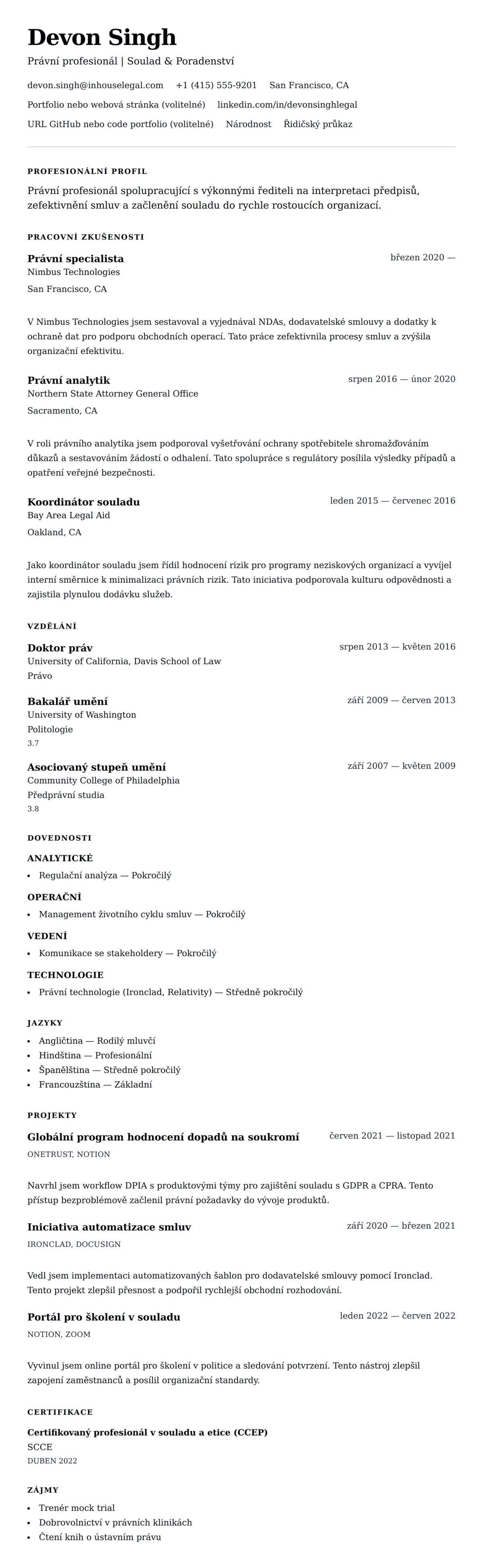 Náhled životopisu pro Příklad životopisu právního profesionála