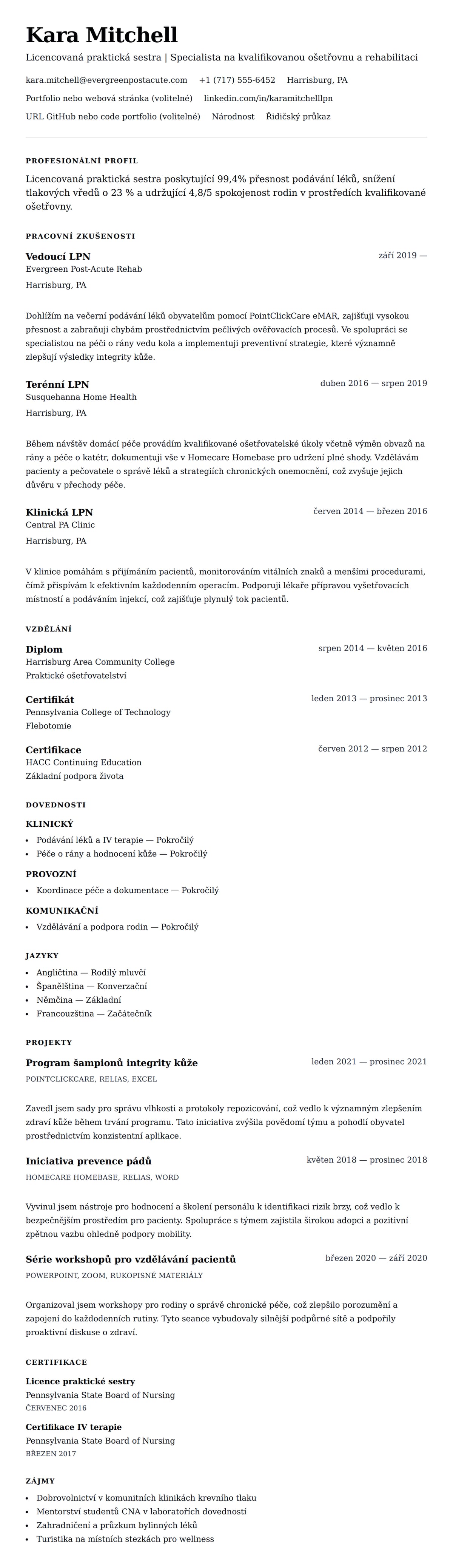 Náhled životopisu pro Příklad životopisu licencované praktické sestry (LPN)