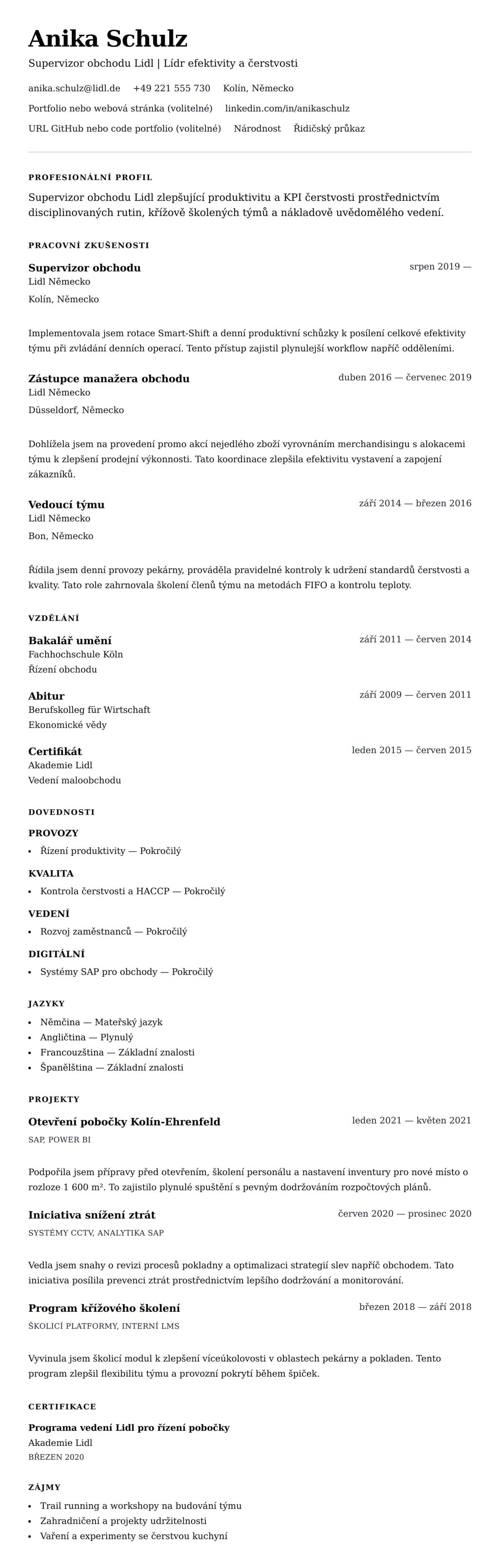 Náhled životopisu pro Příklad životopisu Supervizor obchodu Lidl