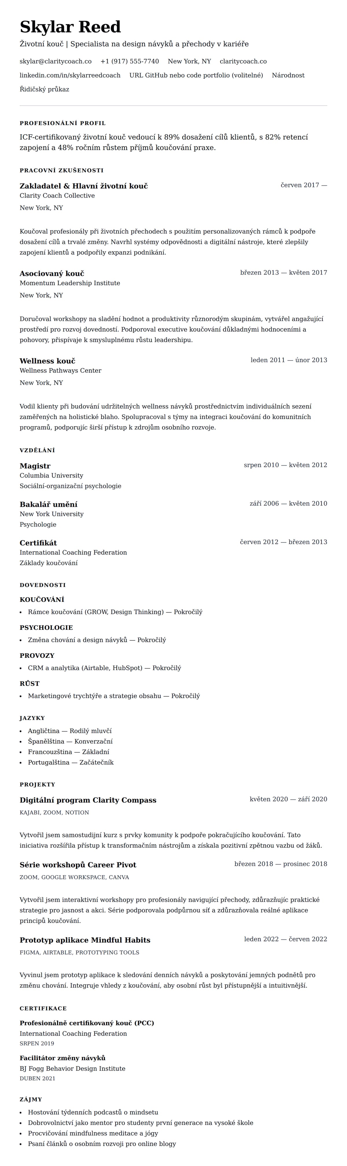 Náhled životopisu pro Příklad životopisu pro životního kouče