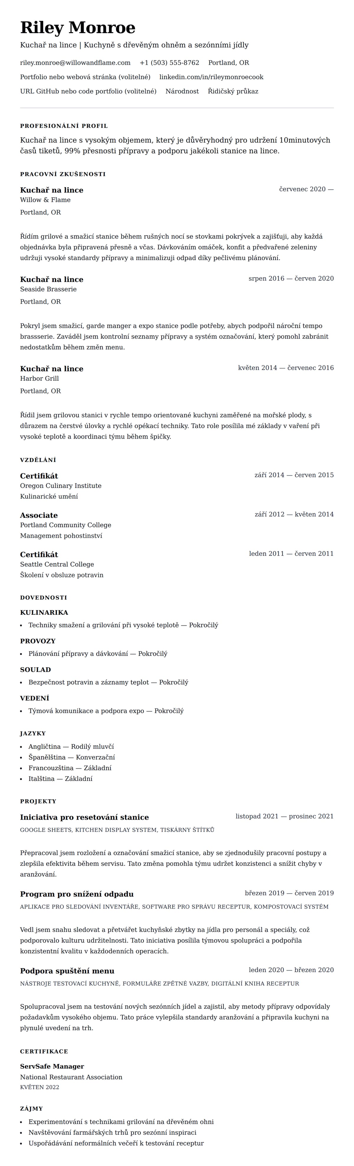 Náhled životopisu pro Příklad životopisu pro kuchaře na lince