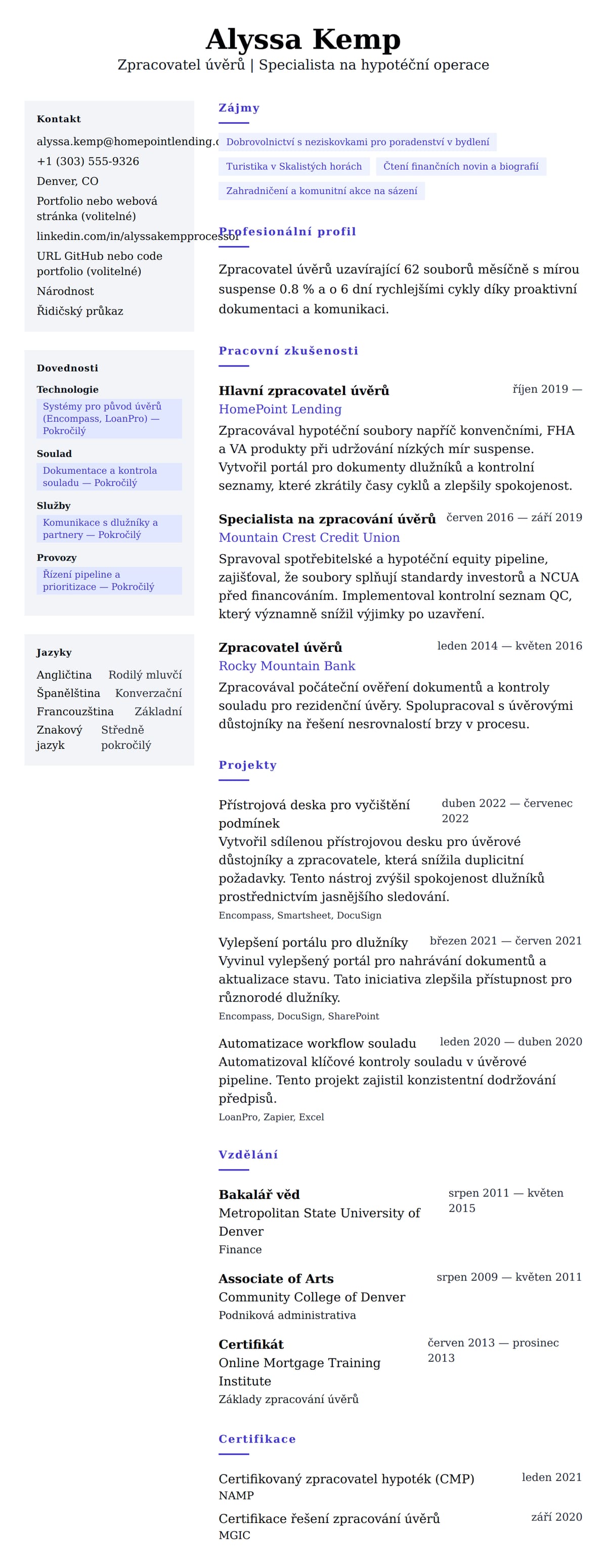 Náhled životopisu pro Příklad životopisu Zpracovatele úvěrů