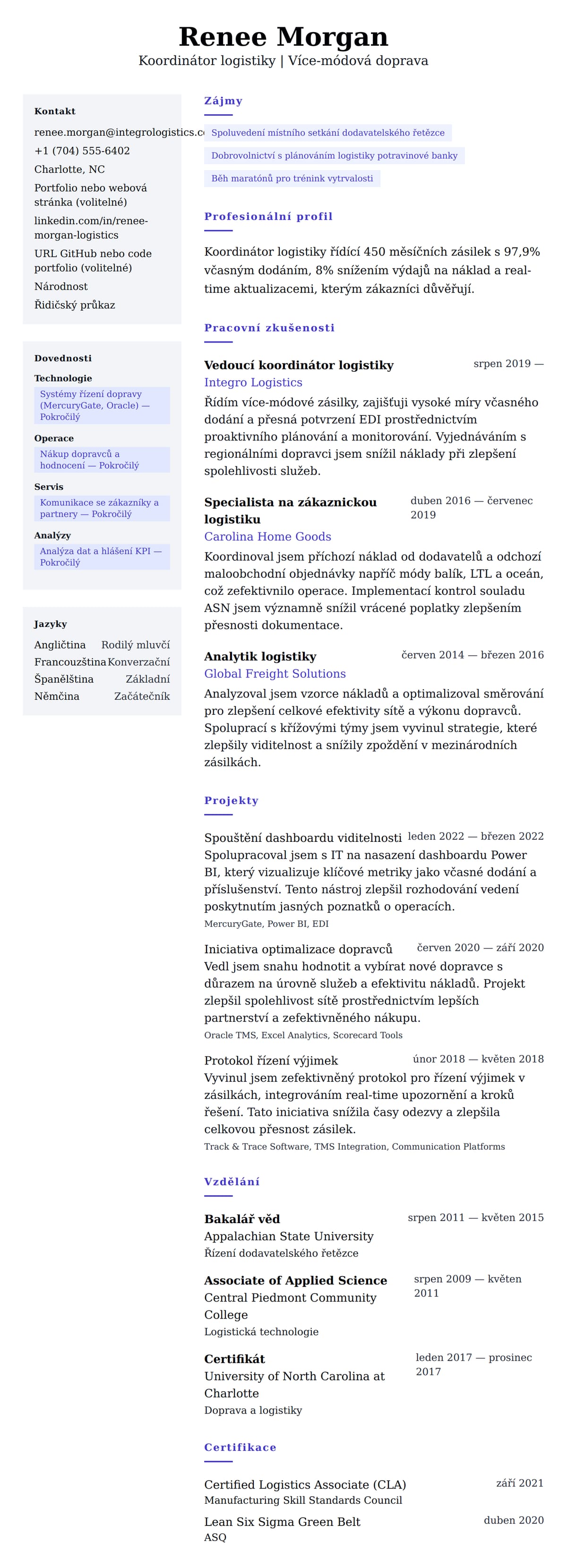 Náhled životopisu pro Příklad životopisu koordinátora logistiky