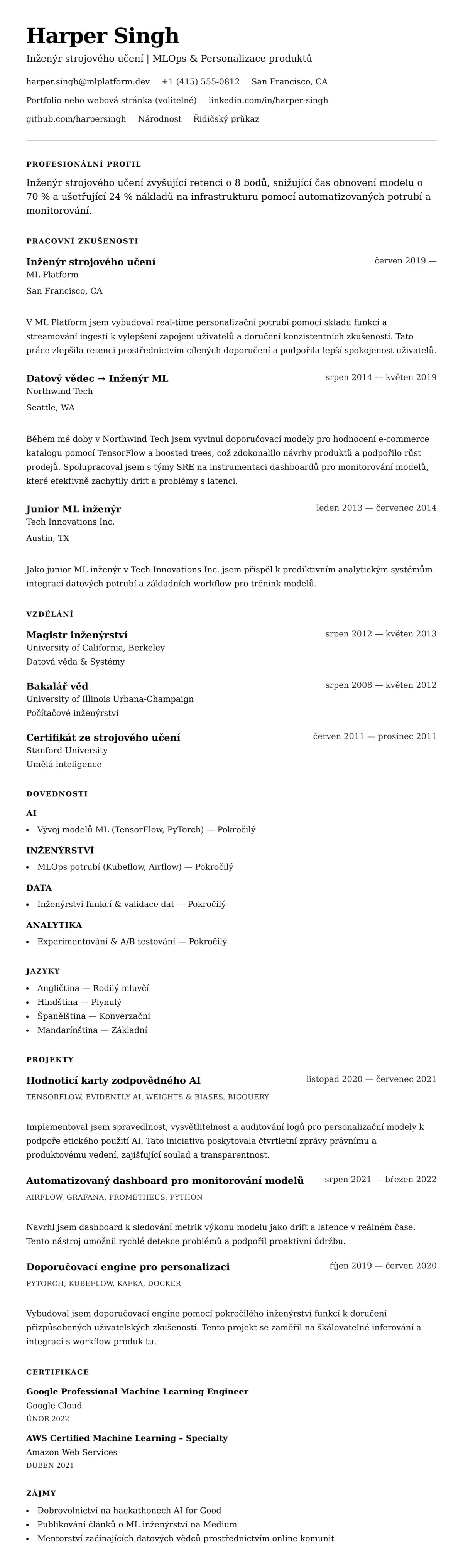 Náhled životopisu pro Příklad životopisu inženýra strojového učení