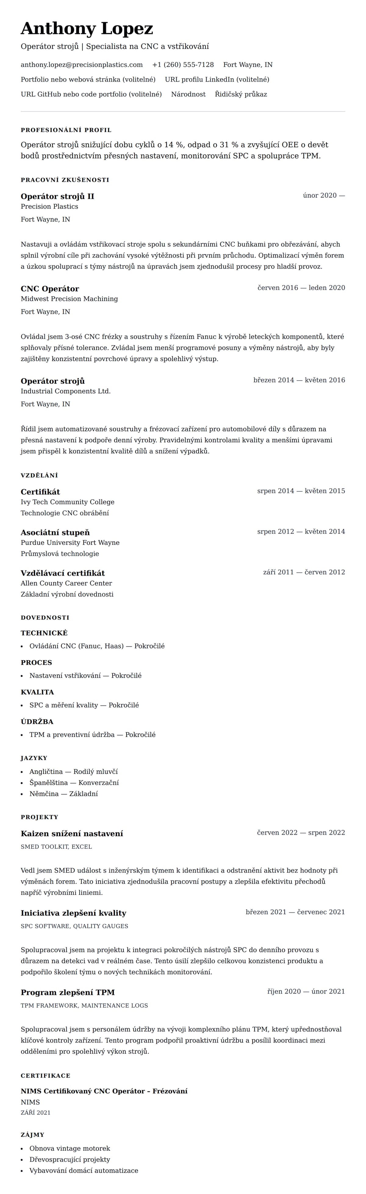 Náhled životopisu pro Příklad životopisu operátora strojů