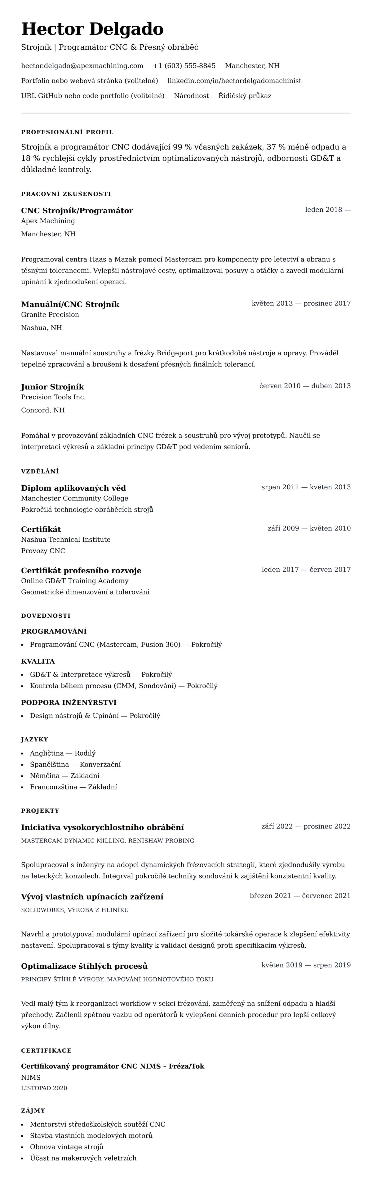 Náhled životopisu pro Příklad životopisu strojníka