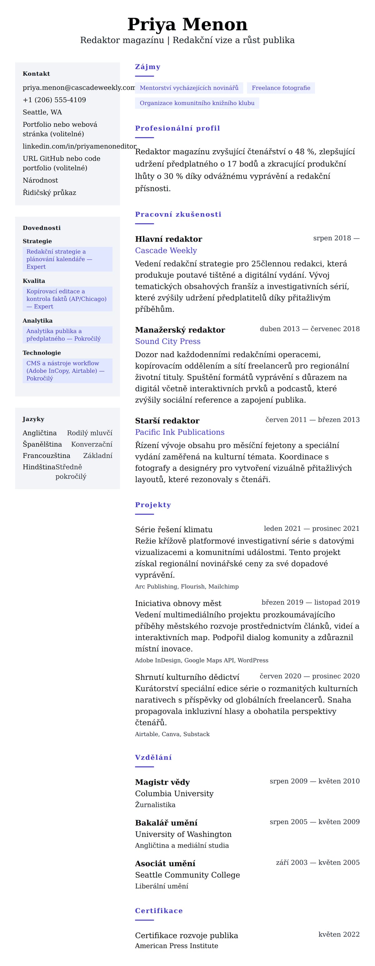 Náhled životopisu pro Příklad životopisu redaktora magazínu
