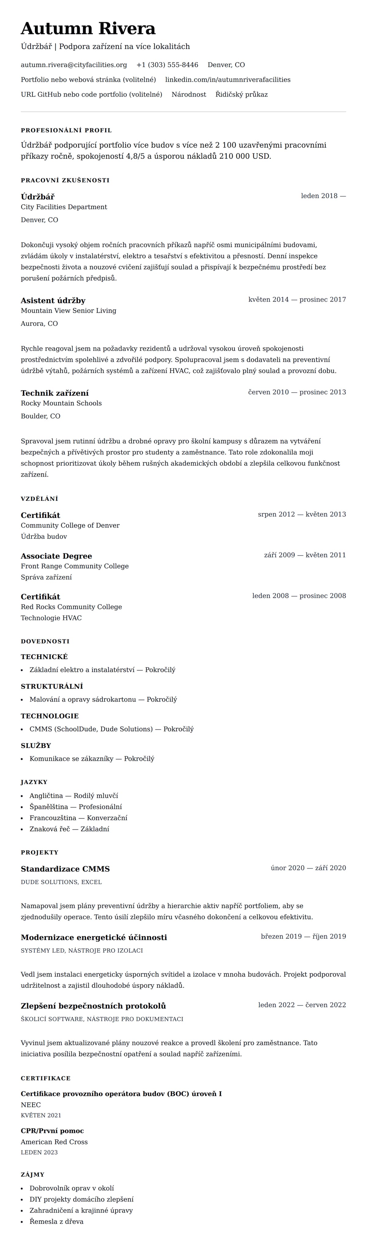 Náhled životopisu pro Příklad životopisu údržbáře