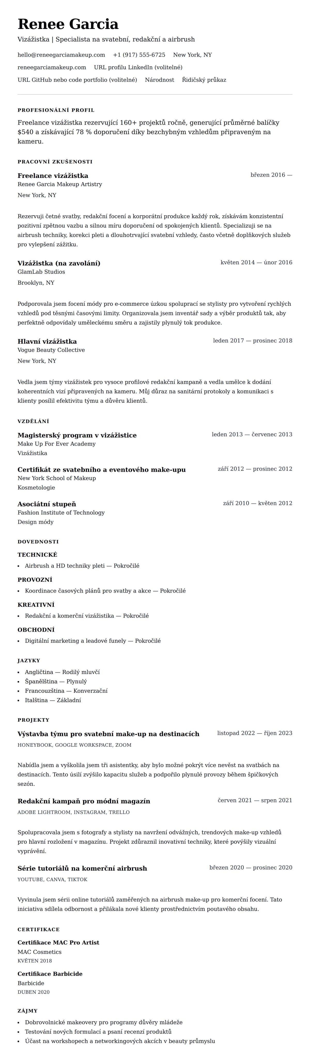 Příklad životopisu vizážistky