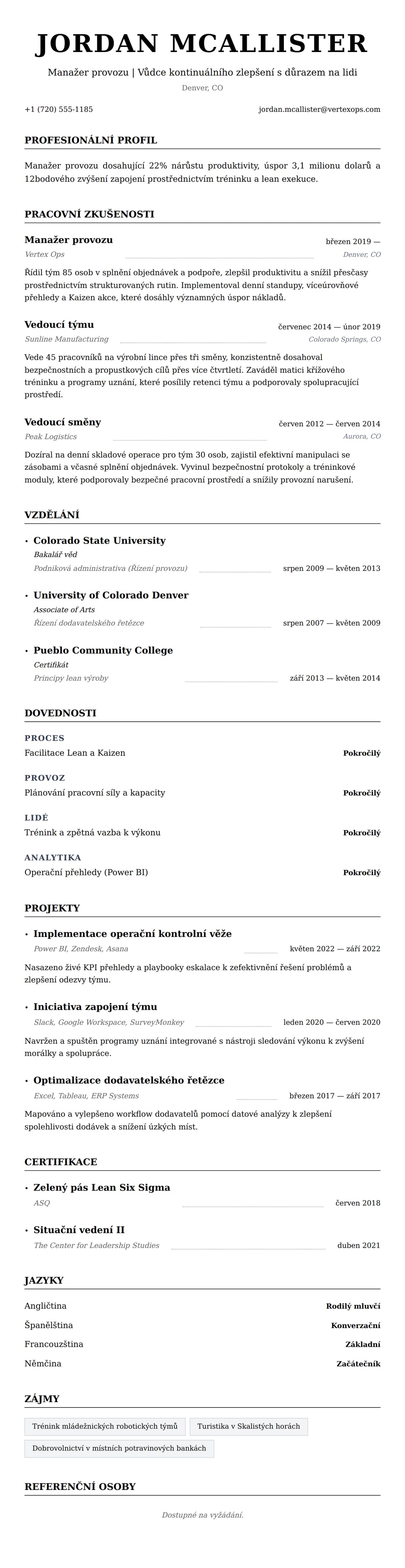 Náhled životopisu pro Příklad životopisu manažera provozu