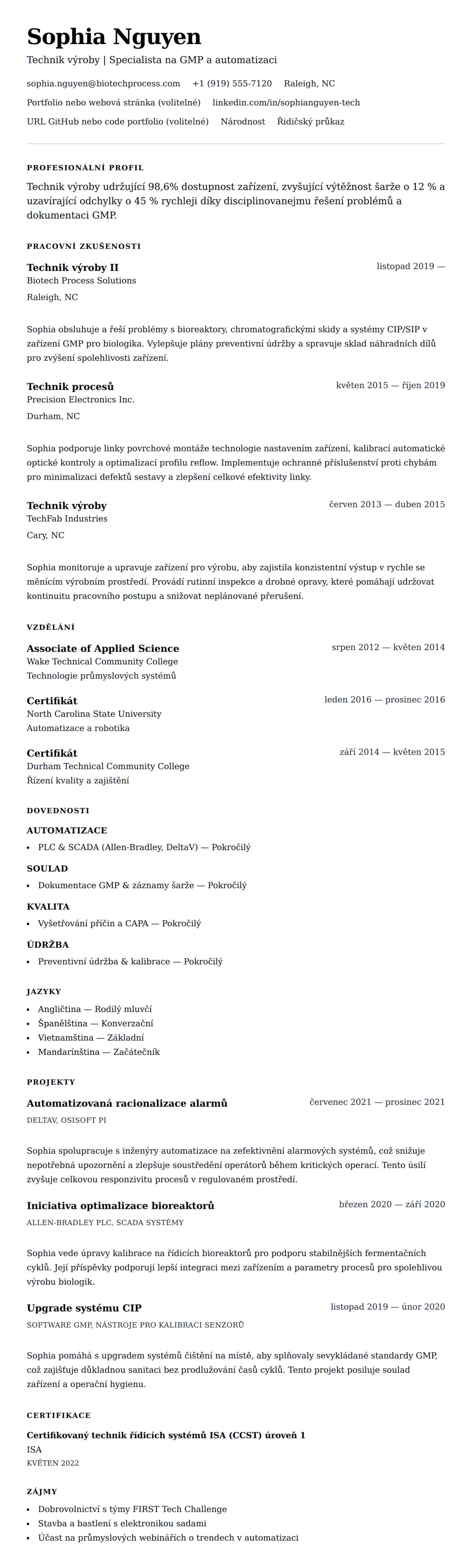 Náhled životopisu pro Příklad životopisu pro technika výroby