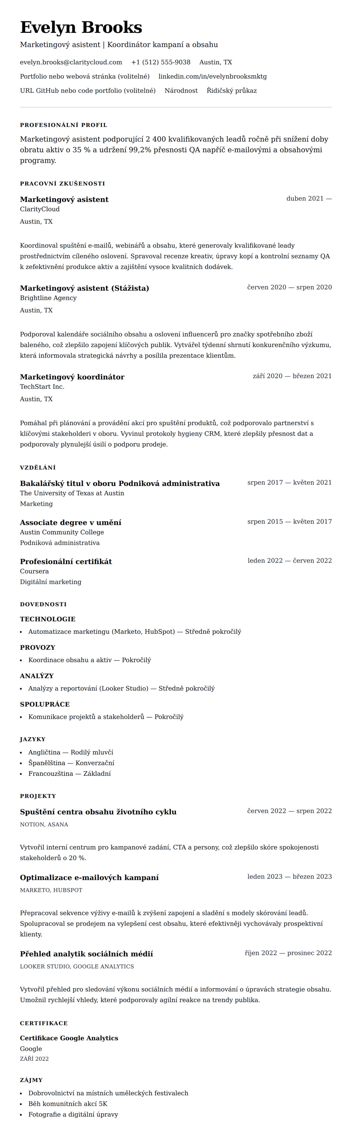 Náhled životopisu pro Příklad životopisu marketingového asistenta