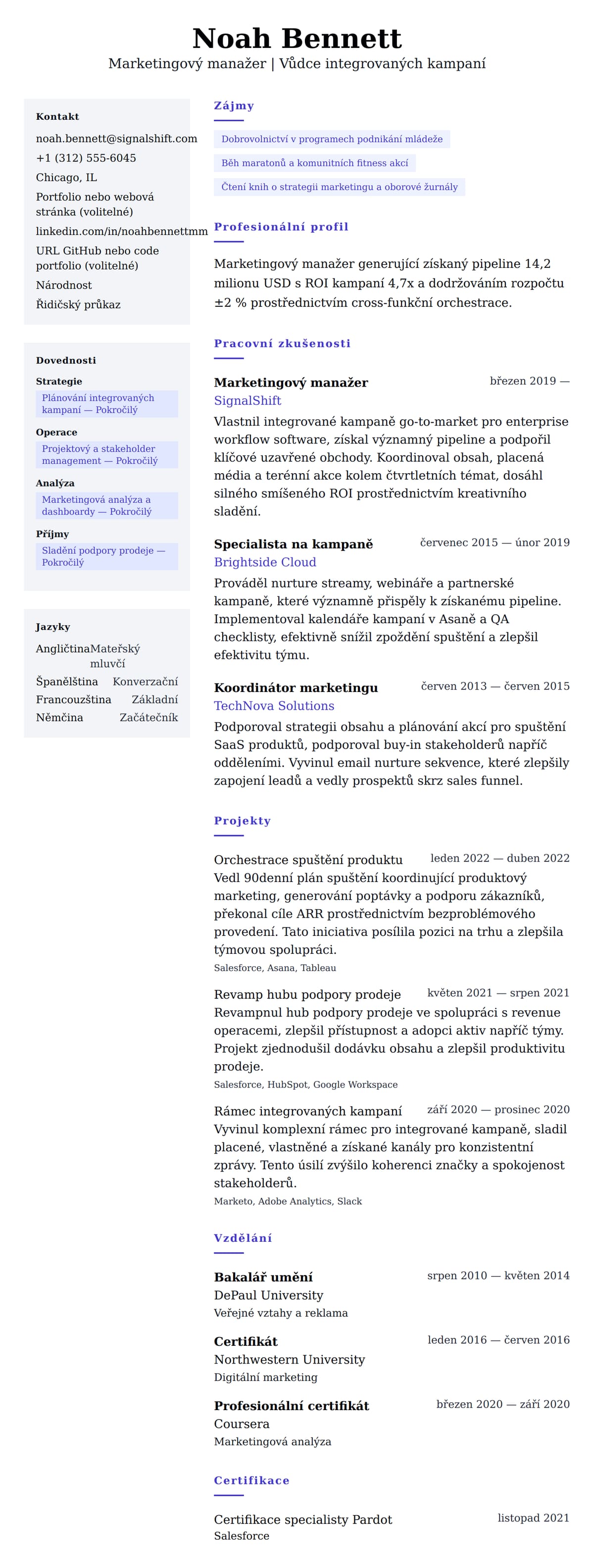 Náhled životopisu pro Příklad životopisu marketingového manažera