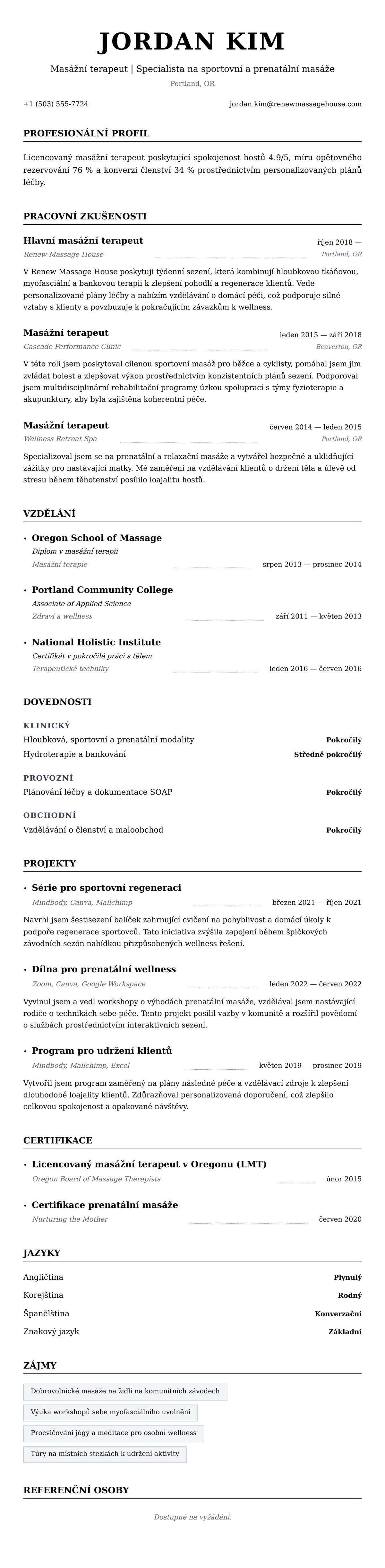 Příklad životopisu masážního terapeuta