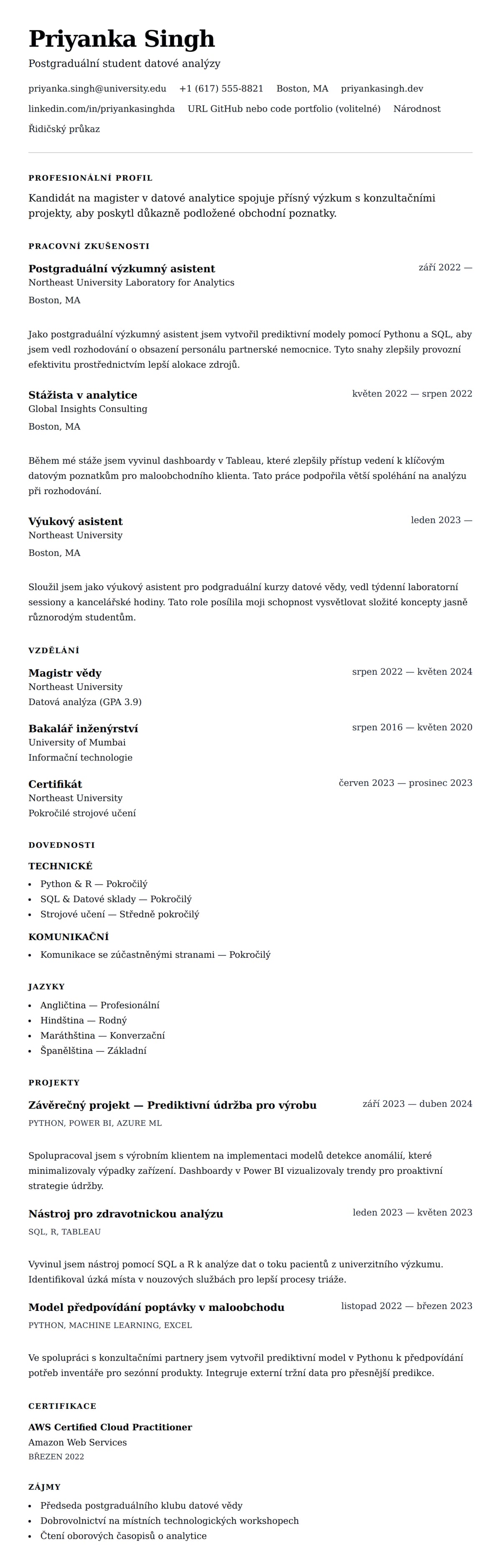 Náhled životopisu pro Příklad životopisu pro studenta magisterského studia