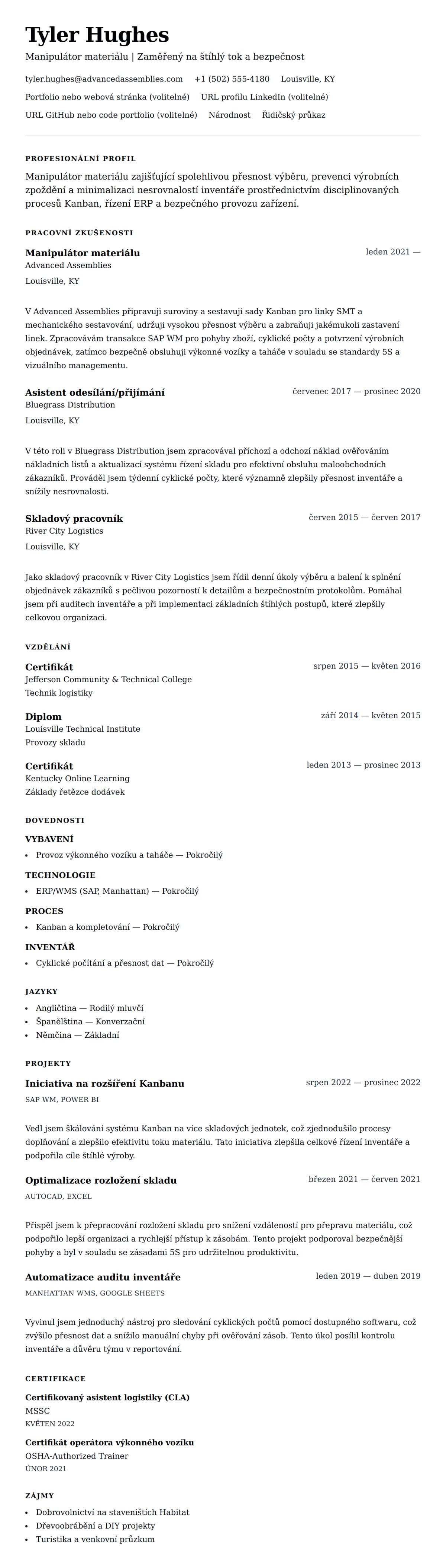 Náhled životopisu pro Příklad životopisu manipulátora materiálu